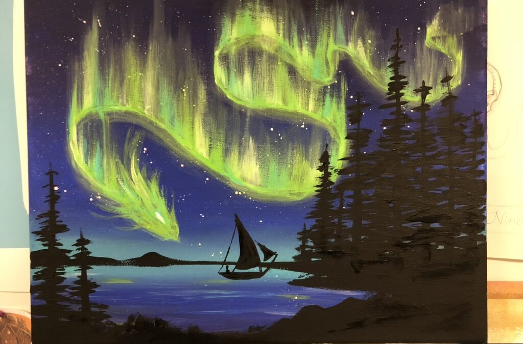 One of Audra's original paint night designs, it is a painting of the aurora borealis in the form of a dragon over a lake.