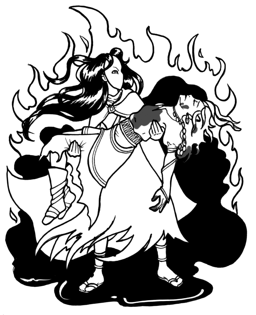 An illustration of a masked woman carrying an unconscious woman in her arms. Flames rise up behind them.
