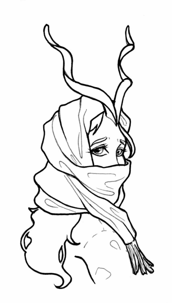 An illustration of a woman with spiral horns. She has a scarf around her head, hiding her face, as she looks nervously over her shoulder.
