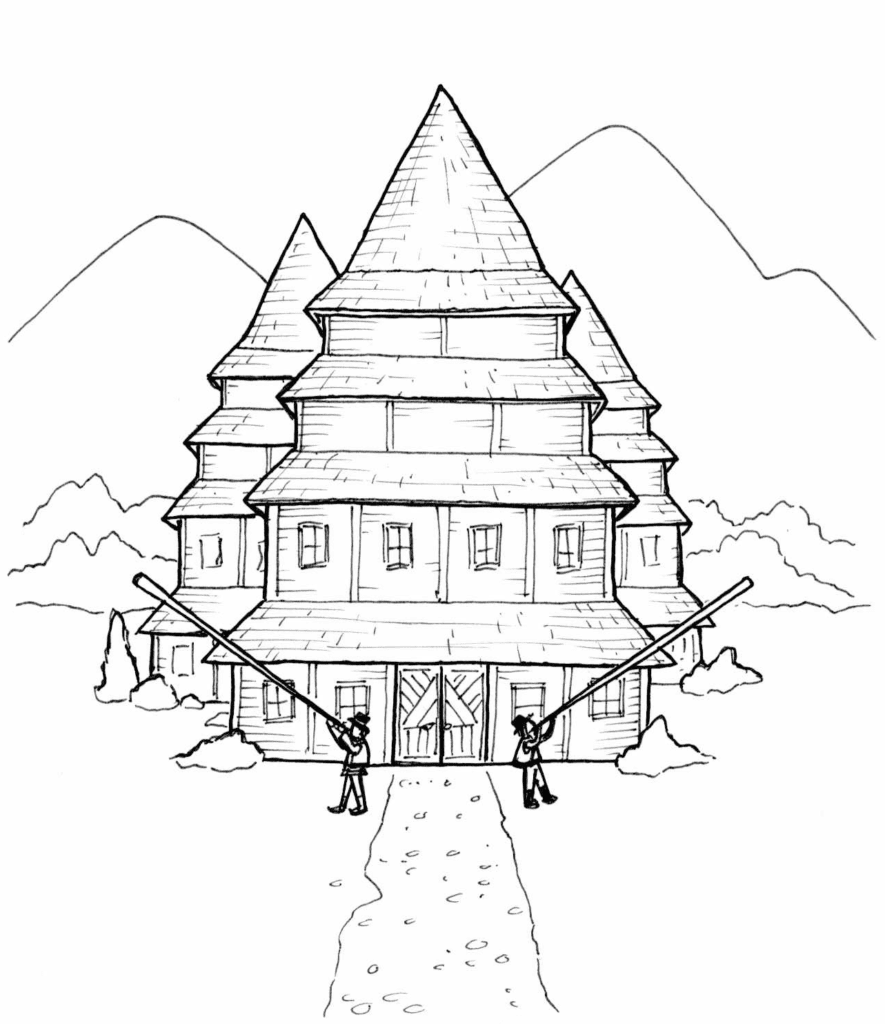 An illustration of a building with a tall, triangular roof in several gabled levels. Outside are two people with incredibly long instruments. It is inspired by the architecture of the Hutsul region of Ukraine and the trembita, a local instrument.