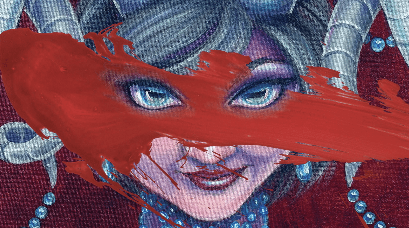A close up from the cover of Crown of Horns. A woman with a cocky smile stares through a streak of red paint.